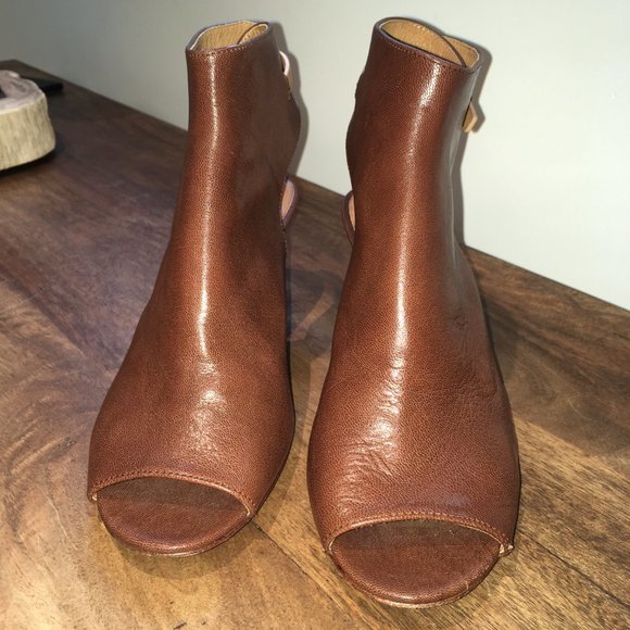 Coach "Milah" Open-Toe Slingback Kitten Heel Brown Leather Ankle Boots - Picture 6 of 11